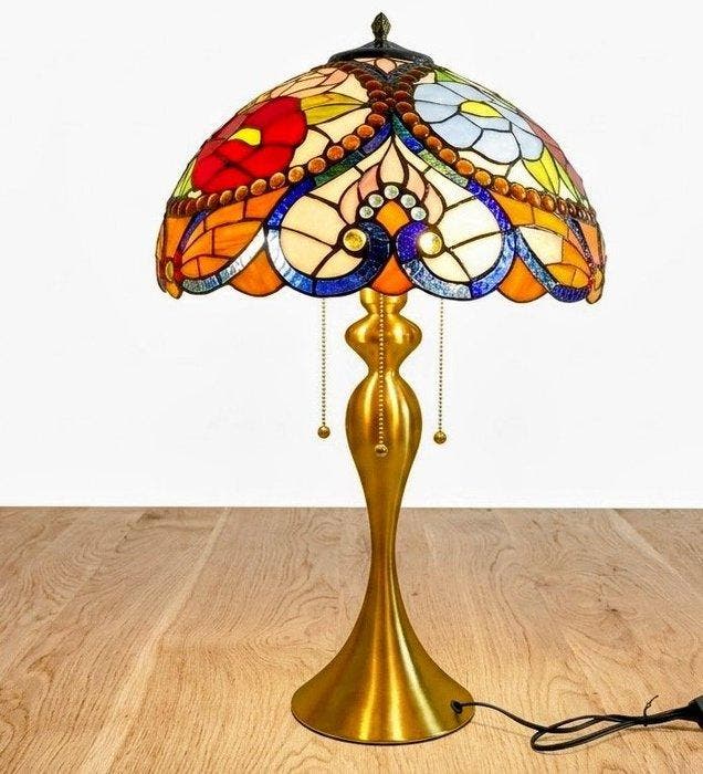 Lampe de table - Laiton doré, Vitrail - Style Tiffany, Antiquités & Art, Antiquités | Éclairage