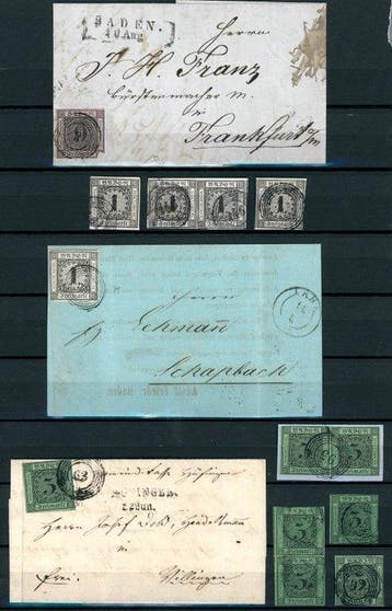 Baden 1851/1858 - Brieven, paren, randmarken van vel,, Postzegels en Munten, Gestempeld