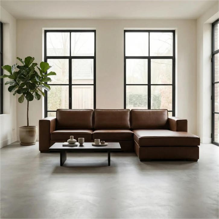 Leren hoekbank Fine - 3 zits + longchair, Huis en Inrichting, Zetels | Zetels, 300 cm of meer, 75 tot 100 cm, Nieuw, Leer, Ophalen of Verzenden