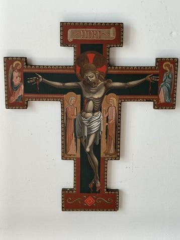 Crucifix - Olieverfschilderij op hout - 20e eeuw - XL - 64