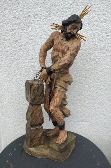 Snijwerk, Christus an der Geißelsäule - XL - 85 cm - Hout -, Antiek en Kunst