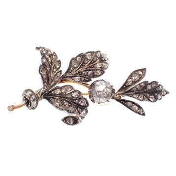 Antiek goud met zilveren broche met diamanten; ca. 1.00 ct., Handtassen en Accessoires, Broches, Gebruikt, Ophalen of Verzenden