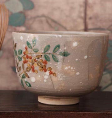 Mint facetgesneden Kenzan-yaki Matcha-Chawan, Snow Nanten