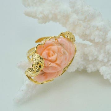 Koraal - Zilver, Verguld - Ring - Roze koraal gegraveerd