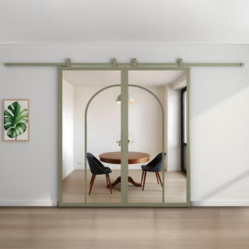 Dubbele stalen schuifdeur Olijfgroen 2 Vlaks rond Helder gla, Nieuw, Metaal, 150 tot 225 cm