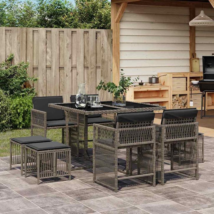 vidaXL 9-delige Tuinset met kussens poly rattan grijs, Tuin en Terras, Tuinsets en Loungesets, Tuinset, Nieuw, Verzenden