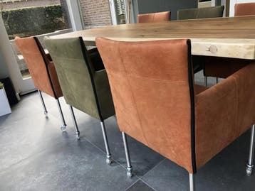 Set van 6 leren kuip eetkamerstoelen met wieltjes - olijf, Ophalen of Verzenden, Nieuw, Eén