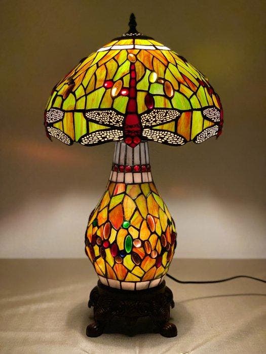 Tiffany stijl tafellamp Studio - Dark Green Dragonfly met 2, Antiquités & Art, Art | Objets design