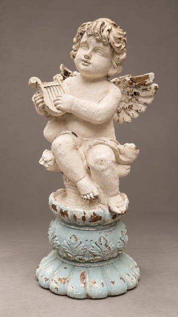 Sculpture, Engel met Harp op Sierlijke Sokkel – 46,5 cm –