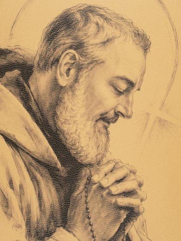 Padre Pio in Gebed – Druk op Leder 84,50 x 68,00 cm -