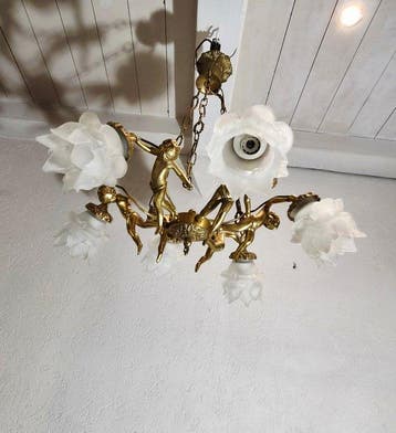 Lustre - Bronze, Verre, Laiton - Magnifiques Flying Angles, Antiek en Kunst