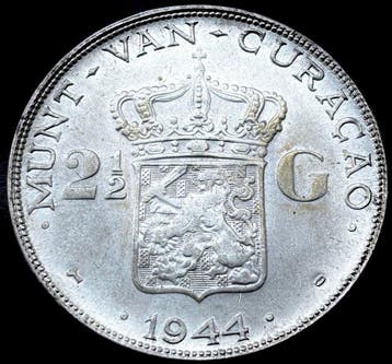 Curaçao (Caribisch Nederland). Wilhelmina. 2 1/2 Gulden 1944, Postzegels en Munten