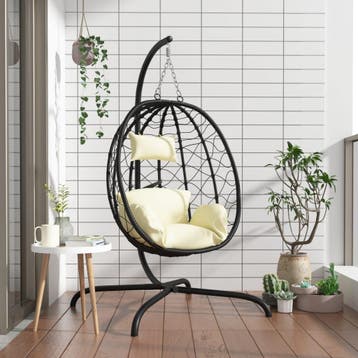 vidaXL Hangende Ei-stoel met Kussen Crèmewit Poly Rattan &, Verzenden