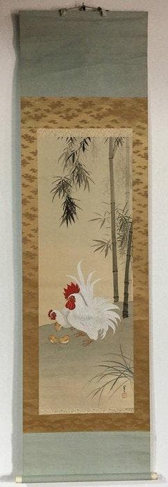 Antique Japanese Hanging Scroll - Hand-painted White Rooster