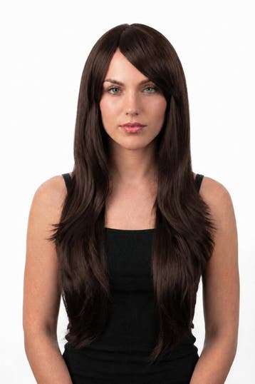 KIMU® Luxe Lange Donkerbruine Pruik Lang Bruin Schuine Pony, Ophalen of Verzenden, Nieuw