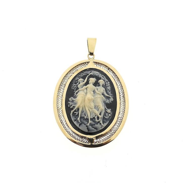 Gouden camee portrethanger met de drie Gratiën, Handtassen en Accessoires, Bedels, Gebruikt, Overige merken, Goud, Ophalen of Verzenden