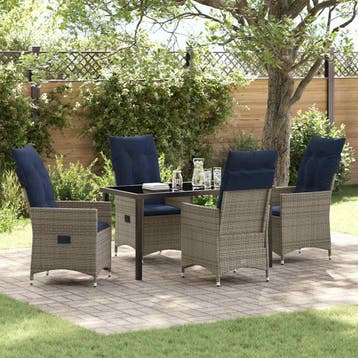 vidaXL Tafel en stoelen set met kussen 5 pcs Grijs PE Riet, Tuin en Terras, Verzenden, Nieuw