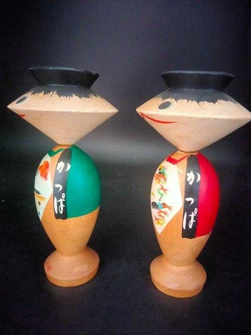 Duo de kokeshi vintage rares et créatives (art populaire), Antiek en Kunst