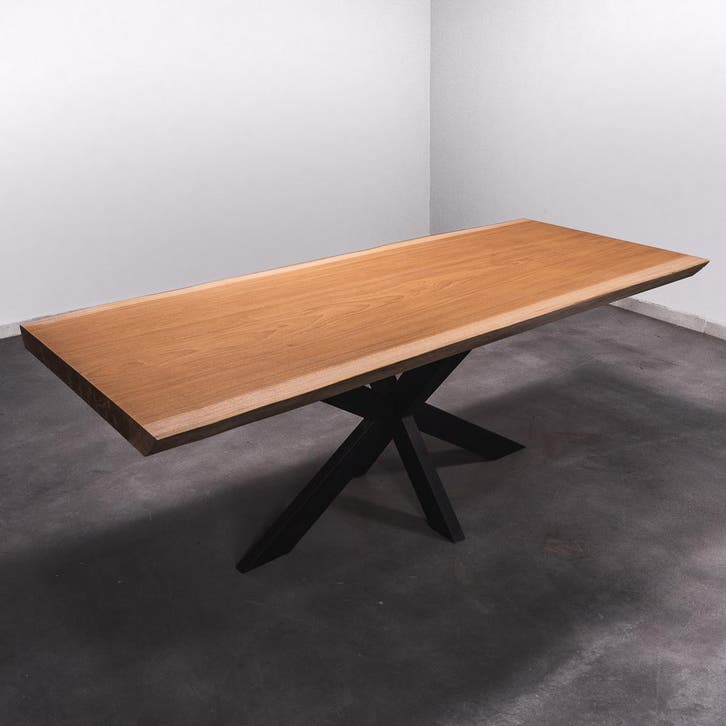 Boomstamtafel, Eettafel 220x100 massief hardhout, metaalpoot, Huis en Inrichting, Tafels | Eettafels, 50 tot 100 cm, 200 cm of meer