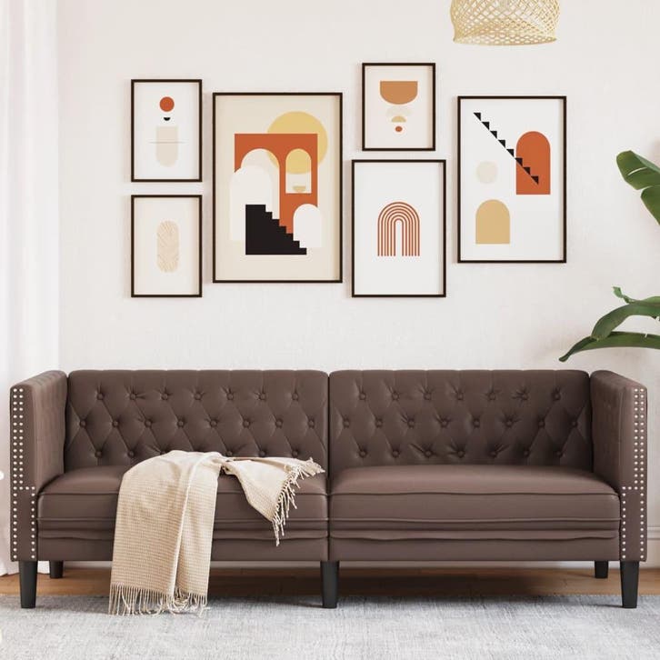 vidaXL Driezitsbank Chesterfield-stijl kunstleer bruin, Huis en Inrichting, Zetels | Zetels, Nieuw, Verzenden