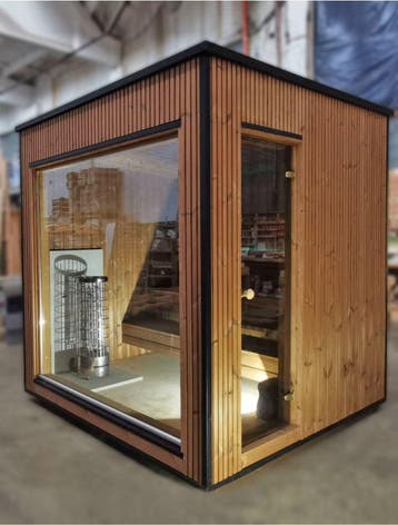 Thermowood moderne buitensauna privacyglas | Sauna showroom, Sport en Fitness, Sauna, Ophalen of Verzenden, Nieuw, Fins of Traditioneel