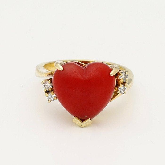 Bague - 14 carats Or jaune Corail rouge, Handtassen en Accessoires, Ringen