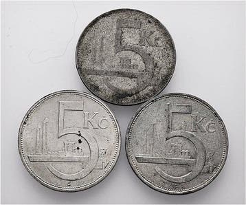 Tchécoslovaquie. 5 Korun 3x 1928/1932 (Sans prix de réserve)