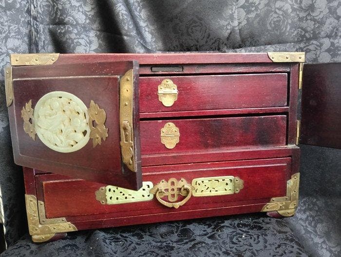 Sieradendoos - Hout, Messing, Textiel, jade - Elegante, Antiquités & Art, Curiosités & Brocante