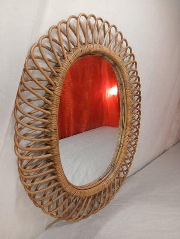 Miroir - Bambou, verre - Miroir mural ovale avec cadre en, Antiquités & Art