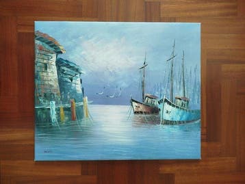 Caroline Burnett (1877-1950) - Marina con Pescherecci e, Antiek en Kunst