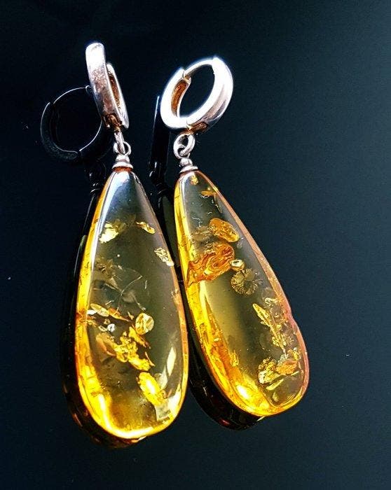 Vintage natuurlijke Baltische amber oorbellen - zilver -, Verzamelen, Mineralen en Fossielen