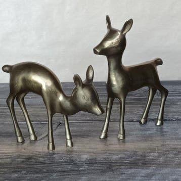 Beeld, twee jonge herten - 17 cm - Messing