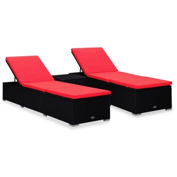 vidaXL 3-delige Ligbeddenset met theetafel poly rattan zwart, Verzenden