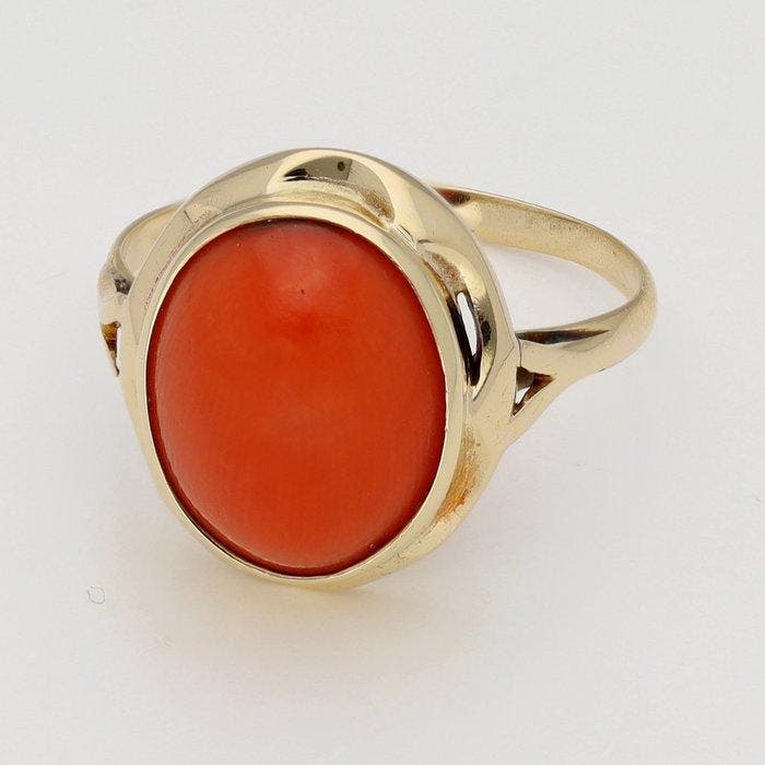 Ring - 14 karaat Geel goud - Bloedkoraal, Handtassen en Accessoires, Ringen