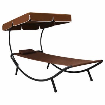 vidaXL Loungebed met luifel en kussen bruin, Verzenden