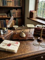 Brass Postal Scales on Mahogany Base with Complete Set of 5