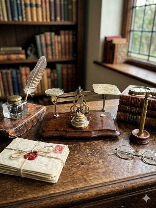 Brass Postal Scales on Mahogany Base with Complete Set of 5, Antiquités & Art, Curiosités & Brocante