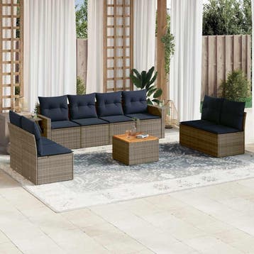 vidaXL 9-delige tuinbankset met kussens, grijs polyrotan, Verzenden, Nieuw