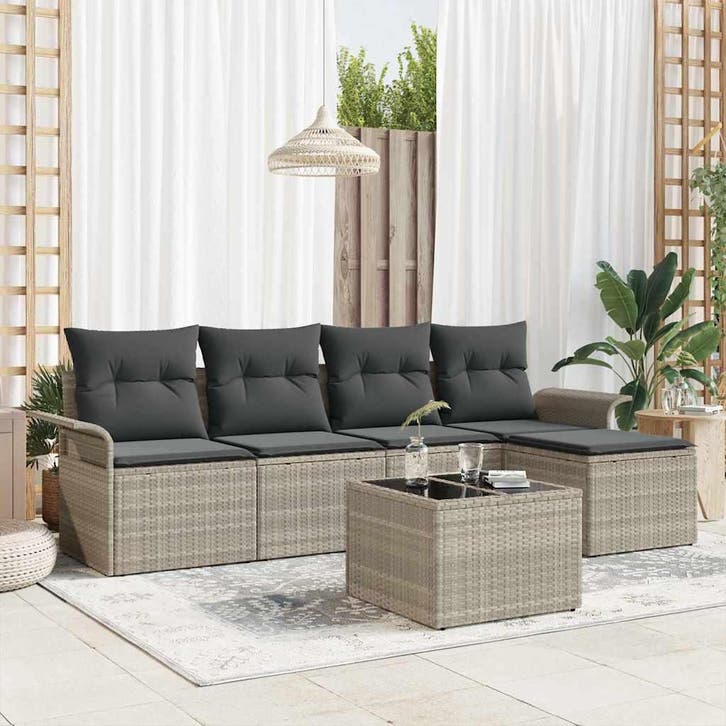 vidaXL Buitensofa met kussen 6 pcs Lichtgrijs poly rattan, Tuin en Terras, Tuinsets en Loungesets, Nieuw, Verzenden