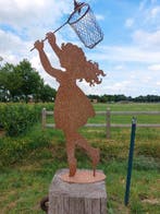 Statue, garden statue silhouette of girl with butterfly net