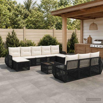 vidaXL Tuinbank Set 11 st Zwart en Crème Wit poly rattan, Verzenden