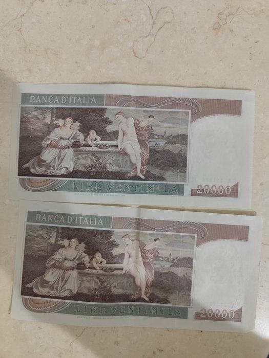 Italië. - 2 x 20.000 Lire 1975 Tiziano consecutive -, Postzegels en Munten, Bankbiljetten | Europa | Niet-Eurobiljetten