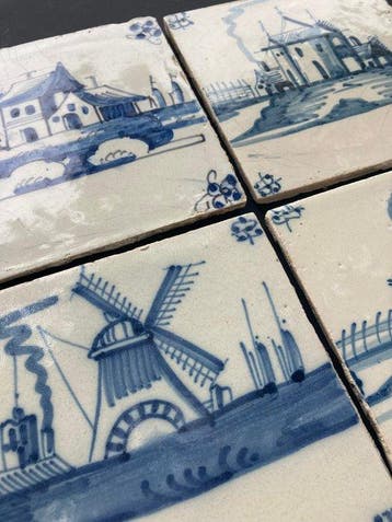 Tegel - Antieke Delfts blauwe tegels met kastelen, boerderij
