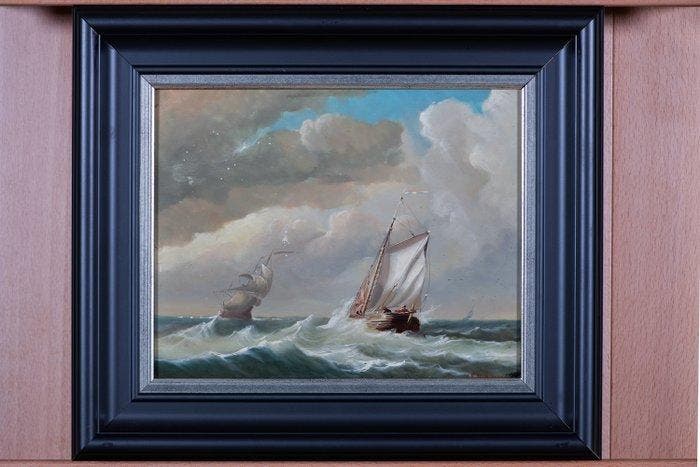 Johannes Hilverdink (1813–1902) - Zeegezicht met Schepen (No, Antiquités & Art, Art | Peinture | Classique