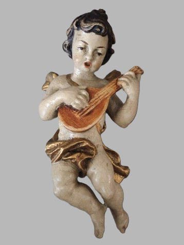 Snijwerk, Holzfigur - farbiger Engel mit Mandoline -