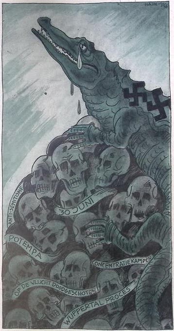 Spotprent met krokodillentranen om de dood van Gustloff, Antiek en Kunst, Verzenden