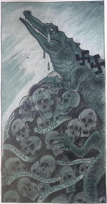 Spotprent met krokodillentranen om de dood van Gustloff, Antiek en Kunst, Kunst | Litho's en Zeefdrukken, Verzenden