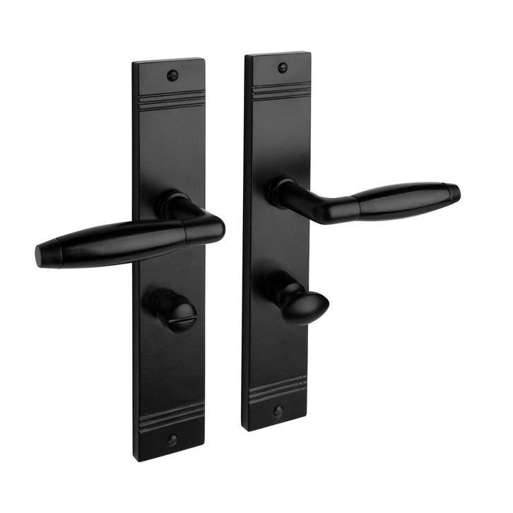 Geveerde deurklink Retro mat zwart op schild met WC-slot..., Doe-het-zelf en Bouw, Hang- en Sluitwerk, Klink of Kruk, Nieuw, IJzer