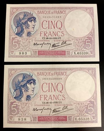 Frankrijk. - 4 x 5 Francs - 1939 (Zonder minimumprijs), Postzegels en Munten