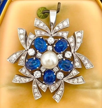 Hanger - 18 karaat Witgoud Diamant (Natuurlijk) - Saffier